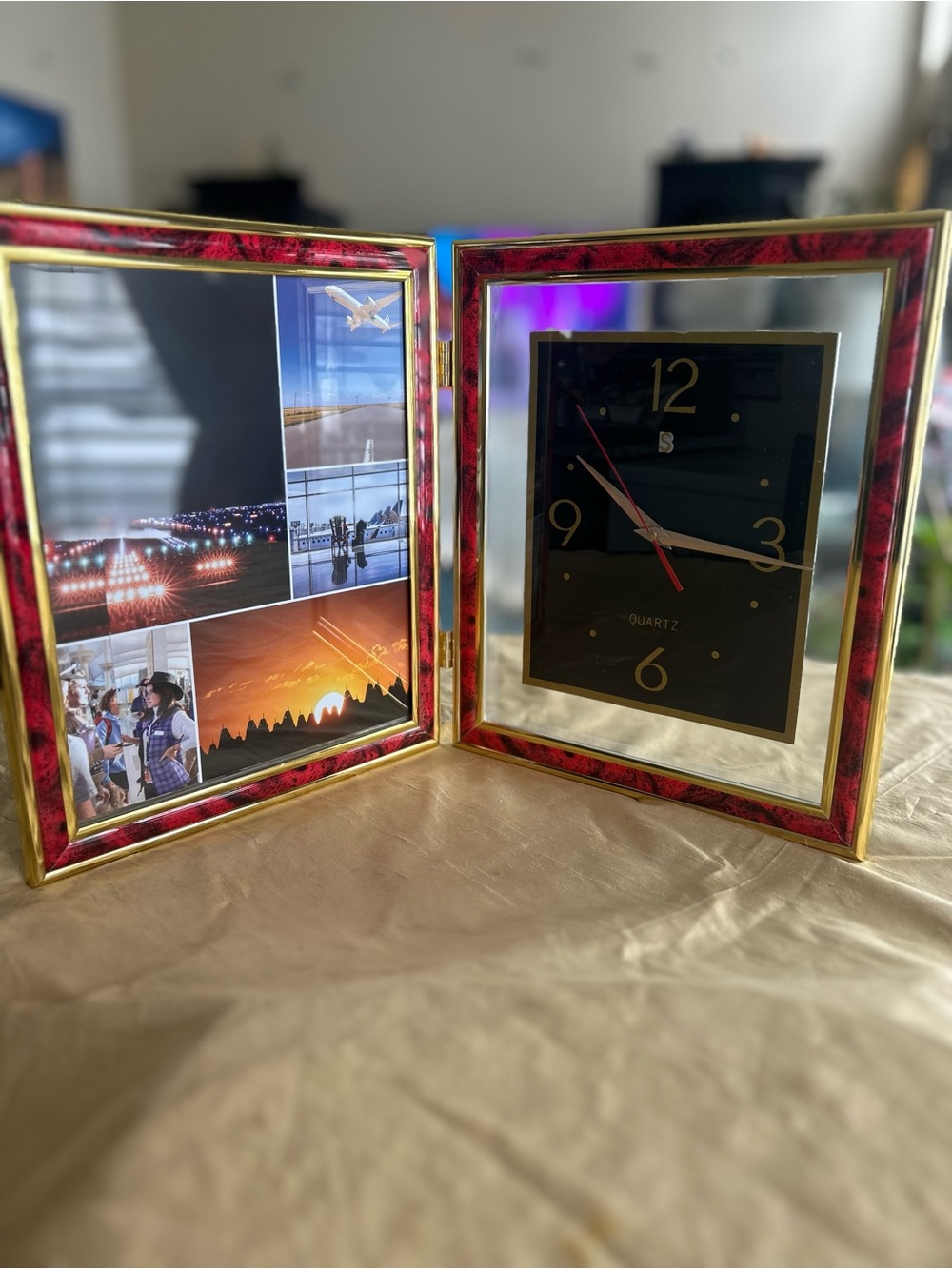 Vintage (Rare)Gold and Red Double Picture Frame with Clock - 1/8X10 picture.